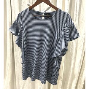 Worthington Womens Heavy Knit Top Baby Blue Striped Flutter Sleeve Preppy Medium